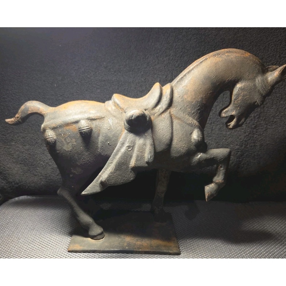 Cast Iron Tang Style War Horse Statue 12" Heavy Vintage Look Equestrian Decor